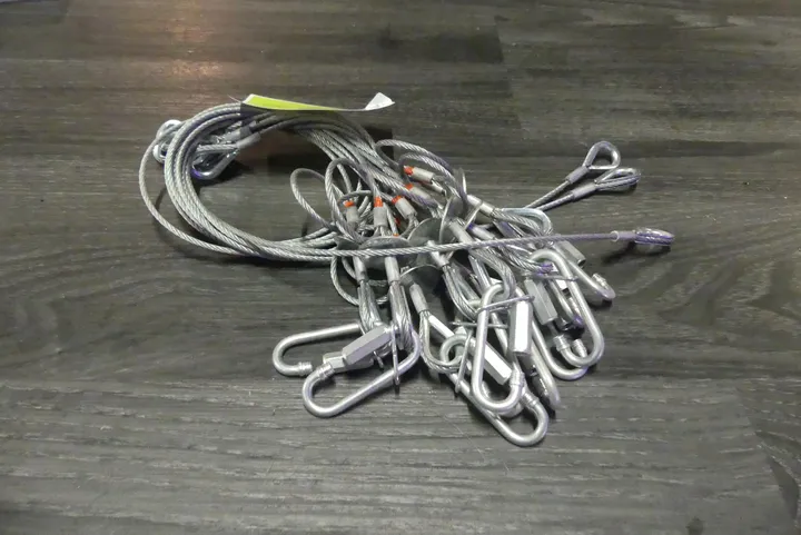 10x Sicherheitsfangseile/Sicherungsseile mit Karabinerhaken je 3mm Ø, 60 cm Lang, 20kg Traglast